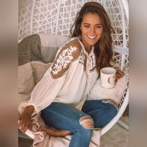 NEW Western Cottage Floral Embroidered Sheer Bishop Sleeve Gypsy Top Off White